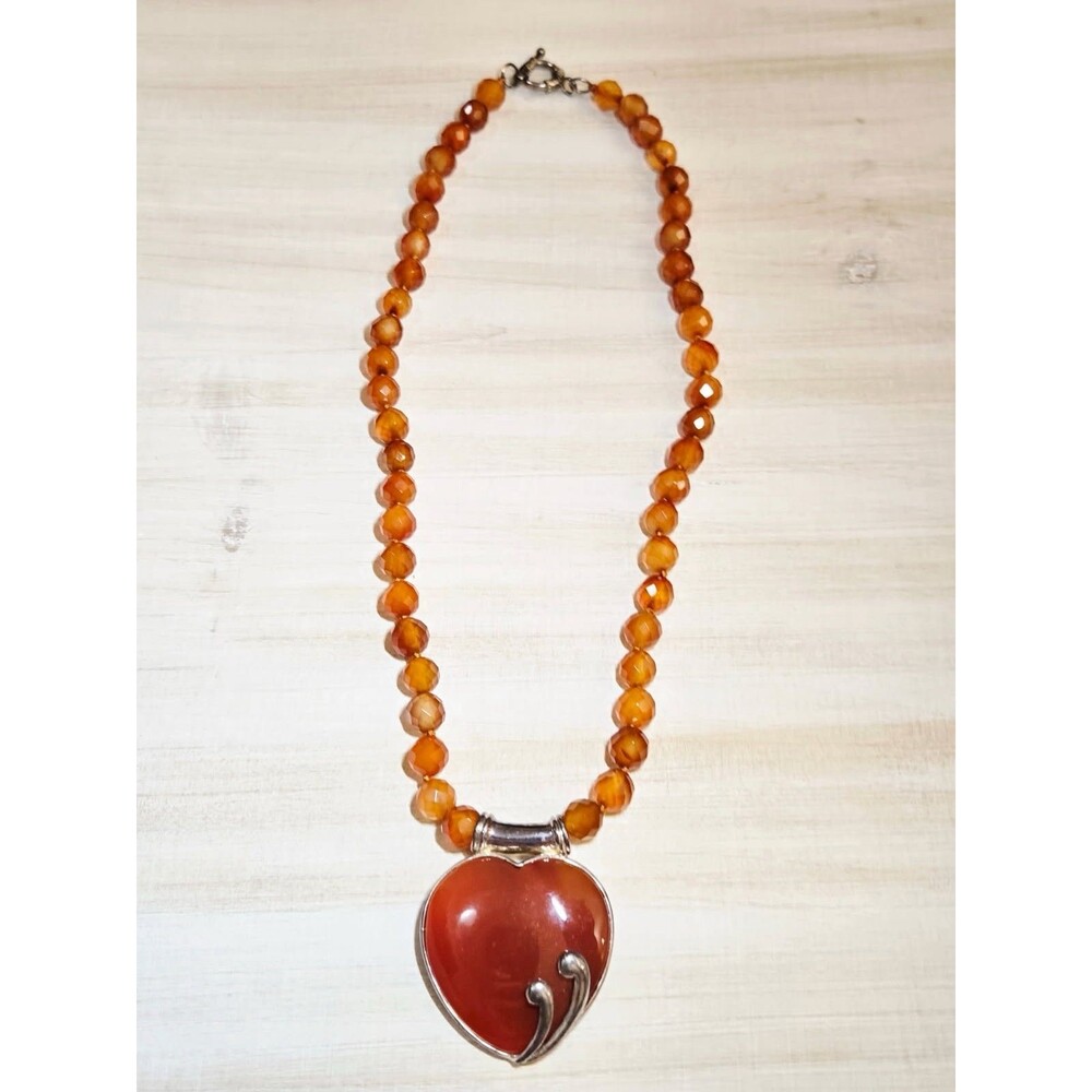 Vintage 925 Sterling Carnelian Heart Pendant Faceted Bead Necklace Signed LUC